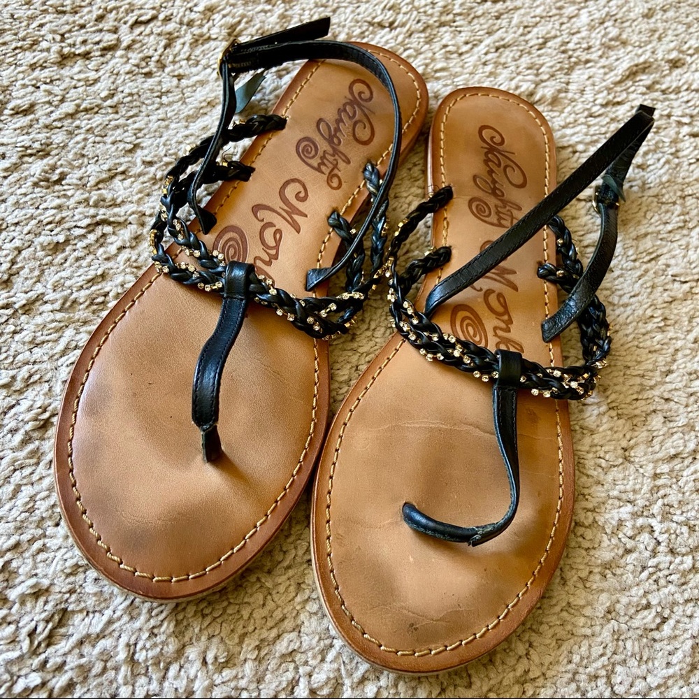 DONATED–Naughty Monkey | Black Leather Gold Beads Strappy Sandals | Women US 9